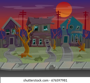 Background for games.Cartoon street with abandoned houses.Vector illustration