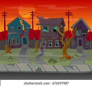 Background for games.Cartoon street with abandoned houses.Vector illustration