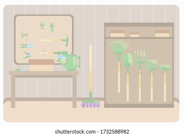 Background of a garage or barn with tools for the care of the garden or vegetable garden. Flat style image.