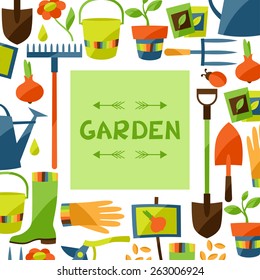 Background with garden design elements and icons.