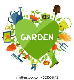 Background with garden design elements and icons.