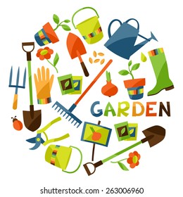 Background with garden design elements and icons.