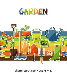 Background with garden sticker design elements and icons.