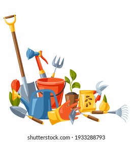 Background with garden tools and equipment. Season gardening illustration.