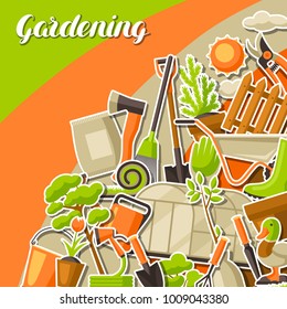 Background with garden tools and items. Season gardening illustration.