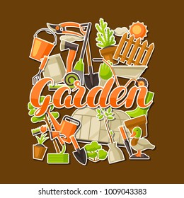 Background with garden tools and items. Season gardening illustration.