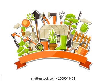 Background with garden tools and items. Season gardening illustration.