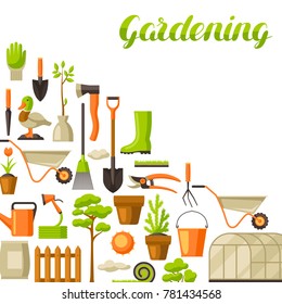 Background with garden tools and items. Season gardening illustration.