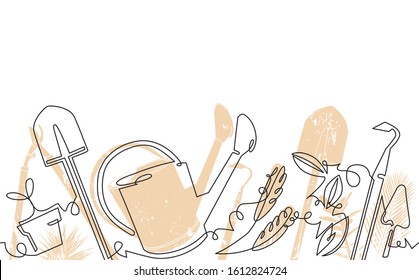 Background with garden tools and Plants. Horizontal Background. Vector illustration.