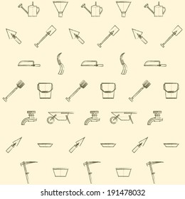 Background for gardening tools. Vintage pattern with gardening tools on a light background.