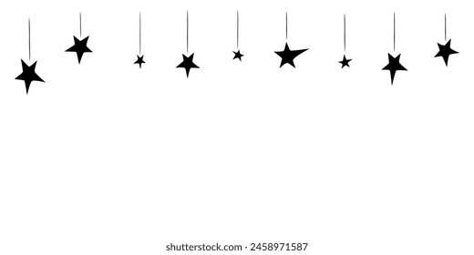 Background, garland, decoration on the upper edge of hanging black stars. Seamless pattern on theme of space, dreams, holidays, kids design