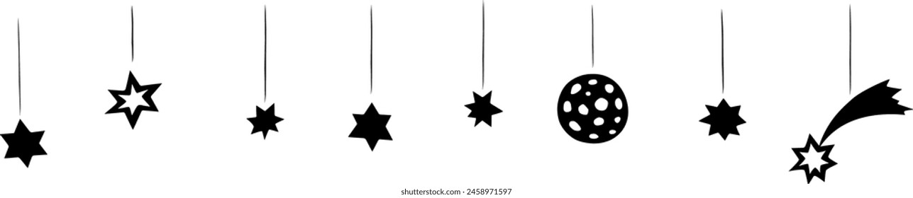 Background, garland, decoration on the upper edge of hanging black stars, Moon, comet. Seamless pattern on theme of space, dreams, holidays, kids design