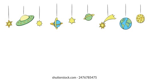 Background, garland, decoration on the upper edge of hanging stars, planets, space objects, Flying Saucers. Seamless pattern on theme of UFO, cosmos, astronomy, kids design