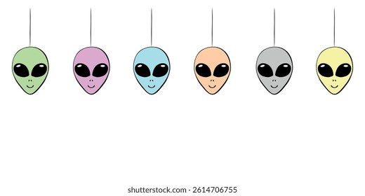 Background, garland, decoration on the upper edge of hanging aliens. Seamless pattern on theme of space, kids design