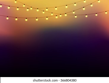 Background with garlands at the upper side, strings with glowing lights