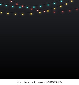 Background with garlands at the upper side, strings with glowing lights