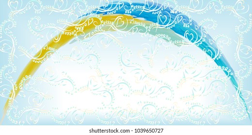 Background of gentle blue vignette with white center, frame in vector, with elegant yellow and blue arch with a watercolor blotch