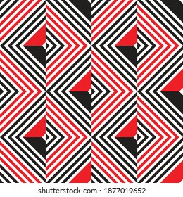 Background geometric abstract design in black, red and white color. Abstract seamless pattern. Diagonal stripes shapes. Vector illustration. 