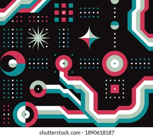 Background geometric design. Abstract pattern digital banner. Mosaic ornament layout. Creative graphic collage composition. Block chain technology concept poster. Futuristic space. Vector illustration