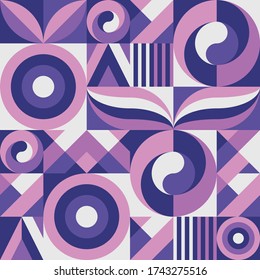 Diseño geométrico de fondo. Resumen de un patrón impecable. Afiche del jardín natural. Frutas tropicales exóticas. Colores de lila violeta. Ornamento decorativo mosaico. Ilustración vectorial. 