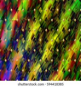 Background with geometric elements. Vector illustration. Print on textile. Colorful texture with rhombus. Abstract  glitch. Mardi Gras background. Mosaic rainbow .