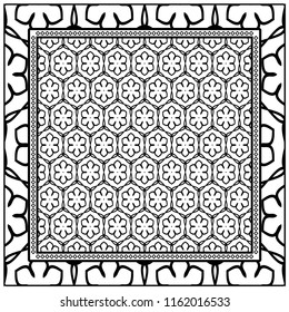 background, geometric pattern with ornate lace frame. illustration. for Scarf Print, Fabric, Covers, Scrapbooking, Bandana, Pareo, Shawl.