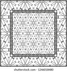 Background, geometric pattern with ornate lace frame. illustration. for Scarf Print, Fabric, Covers, Scrapbooking, Bandana, Pareo, Shawl. Black and white color.