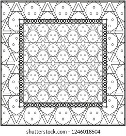 Background, geometric pattern with ornate lace frame. illustration. for Scarf Print, Fabric, Covers, Scrapbooking, Bandana, Pareo, Shawl. Black and white color.