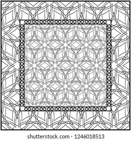 Background, geometric pattern with ornate lace frame. illustration. for Scarf Print, Fabric, Covers, Scrapbooking, Bandana, Pareo, Shawl. Black and white color.