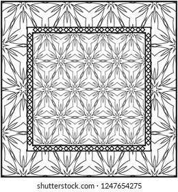 Background, geometric pattern with ornate lace frame. illustration. for Scarf Print, Fabric, Covers, Scrapbooking, Bandana, Pareo, Shawl. Black and white color.