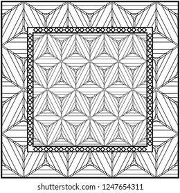 Background, geometric pattern with ornate lace frame. illustration. for Scarf Print, Fabric, Covers, Scrapbooking, Bandana, Pareo, Shawl. Black and white color.