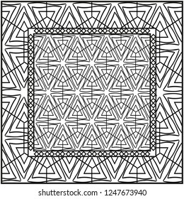 Background, geometric pattern with ornate lace frame. illustration. for Scarf Print, Fabric, Covers, Scrapbooking, Bandana, Pareo, Shawl. Black and white color.