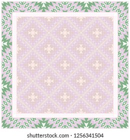 Background, Geometric Pattern With Ornate Lace Frame. Illustration. For Scarf Print, Fabric, Covers, Scrapbooking, Bandana, Pareo, Shawl