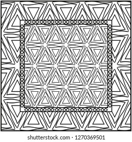 Background, geometric pattern with ornate lace frame. illustration. for Scarf Print, Fabric, Covers, Scrapbooking, Bandana, Pareo, Shawl. Black and white color.