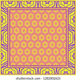 Background, geometric pattern with ornate lace frame. illustration. for Scarf Print, Fabric, Covers, Scrapbooking, Bandana, Pareo, Shawl