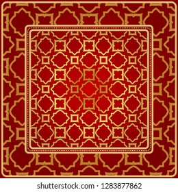 Background, Geometric Pattern With Ornate Lace Frame. Illustration. For Scarf Print, Fabric, Covers, Scrapbooking, Bandana, Pareo, Shawl. Red golden color