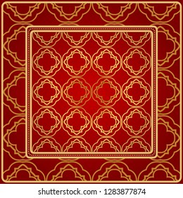 Background, Geometric Pattern With Ornate Lace Frame. Illustration. For Scarf Print, Fabric, Covers, Scrapbooking, Bandana, Pareo, Shawl. Red golden color