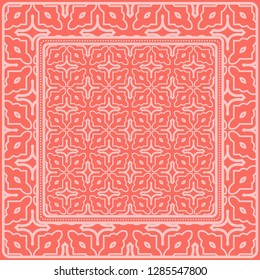 Background, Geometric Pattern With Ornate Lace Frame. Illustration. For Scarf Print, Fabric, Covers, Scrapbooking, Bandana, Pareo, Shawl. Pink color.