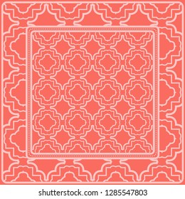 Background, Geometric Pattern With Ornate Lace Frame. Illustration. For Scarf Print, Fabric, Covers, Scrapbooking, Bandana, Pareo, Shawl. Pink color.