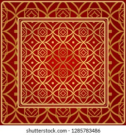 Background, Geometric Pattern With Ornate Lace Frame. Illustration. For Scarf Print, Fabric, Covers, Scrapbooking, Bandana, Pareo, Shawl. Red golden color