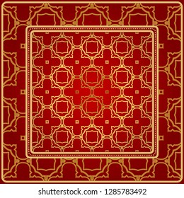 Background, Geometric Pattern With Ornate Lace Frame. Illustration. For Scarf Print, Fabric, Covers, Scrapbooking, Bandana, Pareo, Shawl. Red golden color