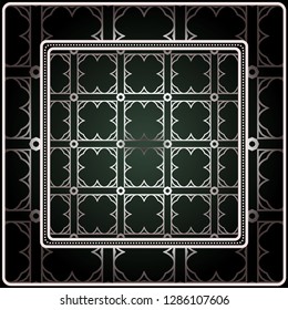 Background, Geometric Pattern With Ornate Lace Frame. Illustration. For Scarf Print, Fabric, Covers, Scrapbooking, Bandana, Pareo, Shawl. Silver. dark grey, green color color.