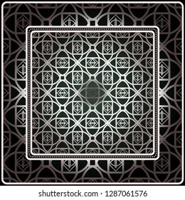 Background, Geometric Pattern With Ornate Lace Frame. Illustration. For Scarf Print, Fabric, Covers, Scrapbooking, Bandana, Pareo, Shawl. Silver. dark grey, green color color.