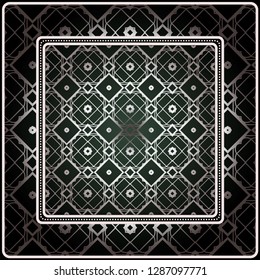 Background, Geometric Pattern With Ornate Lace Frame. Illustration. For Scarf Print, Fabric, Covers, Scrapbooking, Bandana, Pareo, Shawl. Silver. dark grey, green color color.
