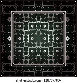 Background, Geometric Pattern With Ornate Lace Frame. Illustration. For Scarf Print, Fabric, Covers, Scrapbooking, Bandana, Pareo, Shawl. Silver. dark grey, green color color.
