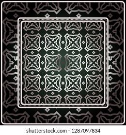 Background, Geometric Pattern With Ornate Lace Frame. Illustration. For Scarf Print, Fabric, Covers, Scrapbooking, Bandana, Pareo, Shawl. Silver. dark grey, green color color.