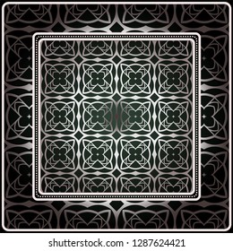 Background, Geometric Pattern With Ornate Lace Frame. Illustration. For Scarf Print, Fabric, Covers, Scrapbooking, Bandana, Pareo, Shawl. Silver. dark grey, green color color.