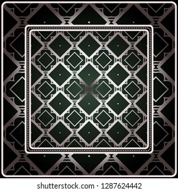 Background, Geometric Pattern With Ornate Lace Frame. Illustration. For Scarf Print, Fabric, Covers, Scrapbooking, Bandana, Pareo, Shawl. Silver. dark grey, green color color.