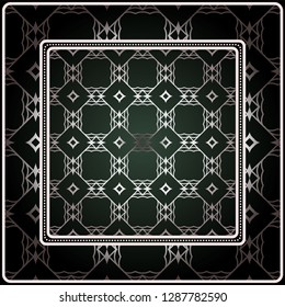Background, Geometric Pattern With Ornate Lace Frame. Illustration. For Scarf Print, Fabric, Covers, Scrapbooking, Bandana, Pareo, Shawl. Silver. dark grey, green color color.