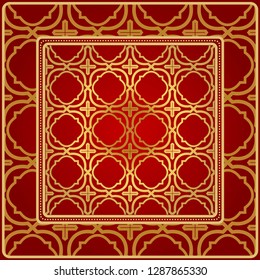 Background, Geometric Pattern With Ornate Lace Frame. Illustration. For Scarf Print, Fabric, Covers, Scrapbooking, Bandana, Pareo, Shawl. Red golden color